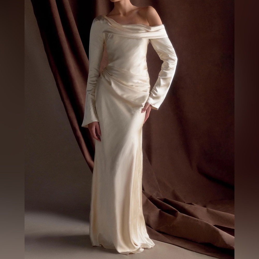 Meshki Cream Off-Shoulder Long Sleeve Satin Gown